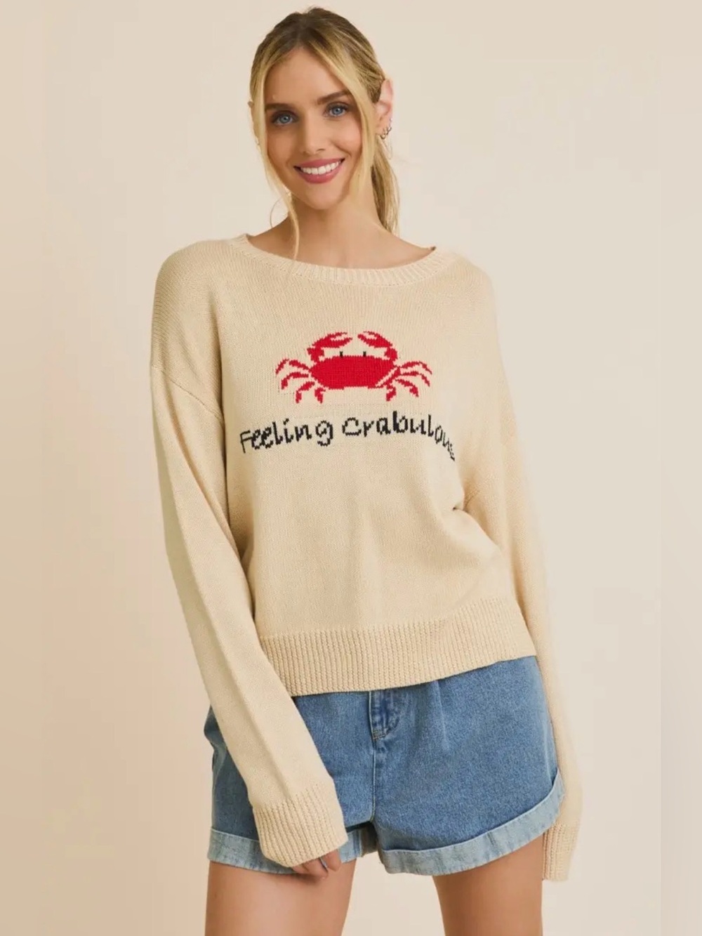 Gilli Cream Crewneck Sweater with Red Crab Graphic